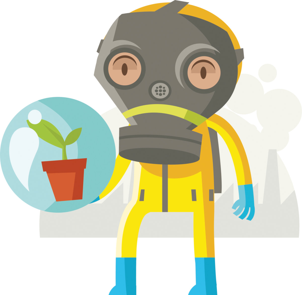 man in biohazard suit protecting a plant