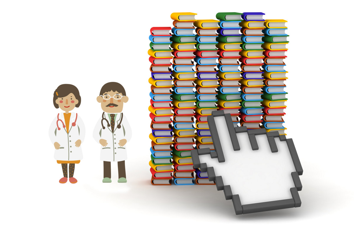 3D character showing a large hand cursor clicking on a stack of colorful books. Isolated on white background.