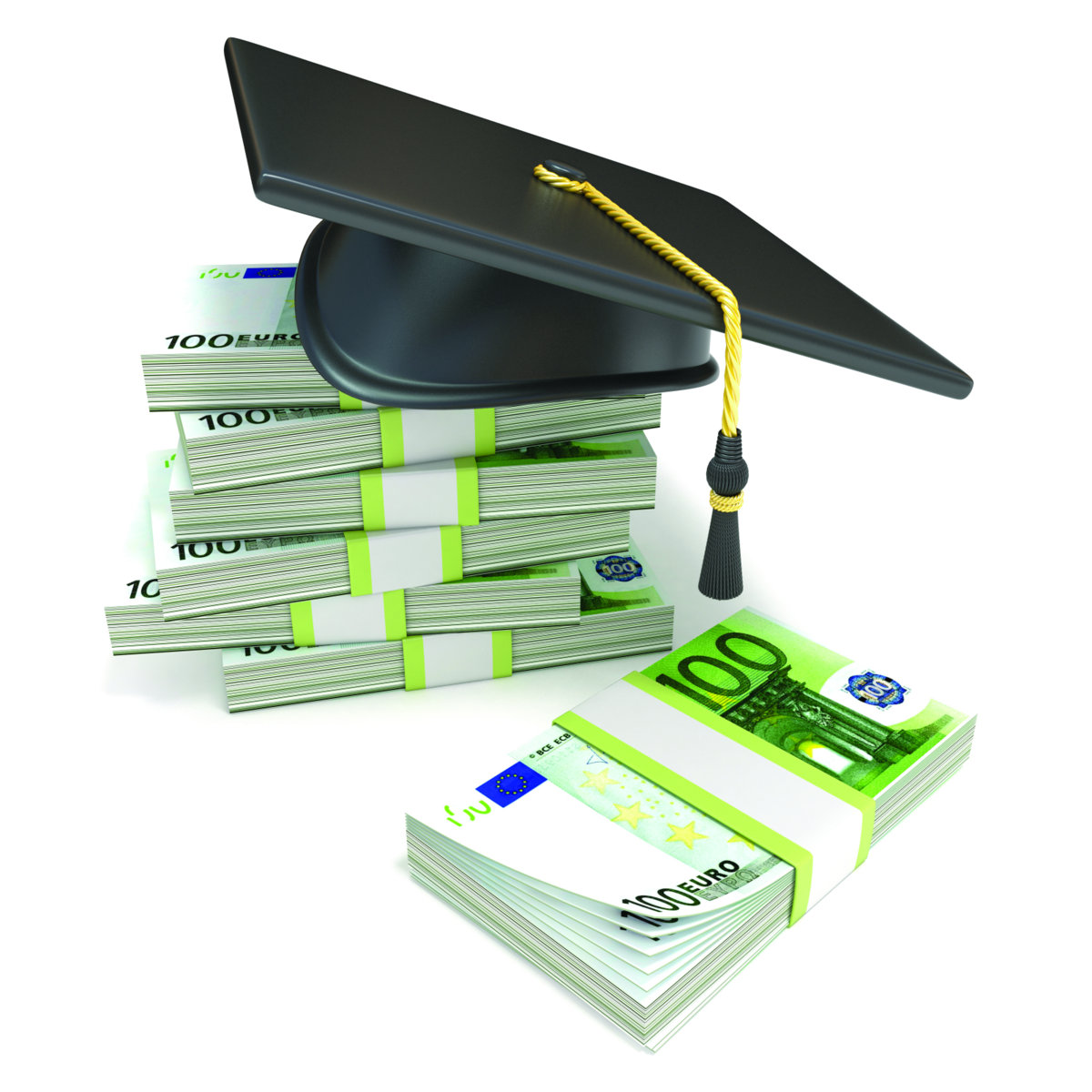 Education concept. Graduation cap on stack of euro bills