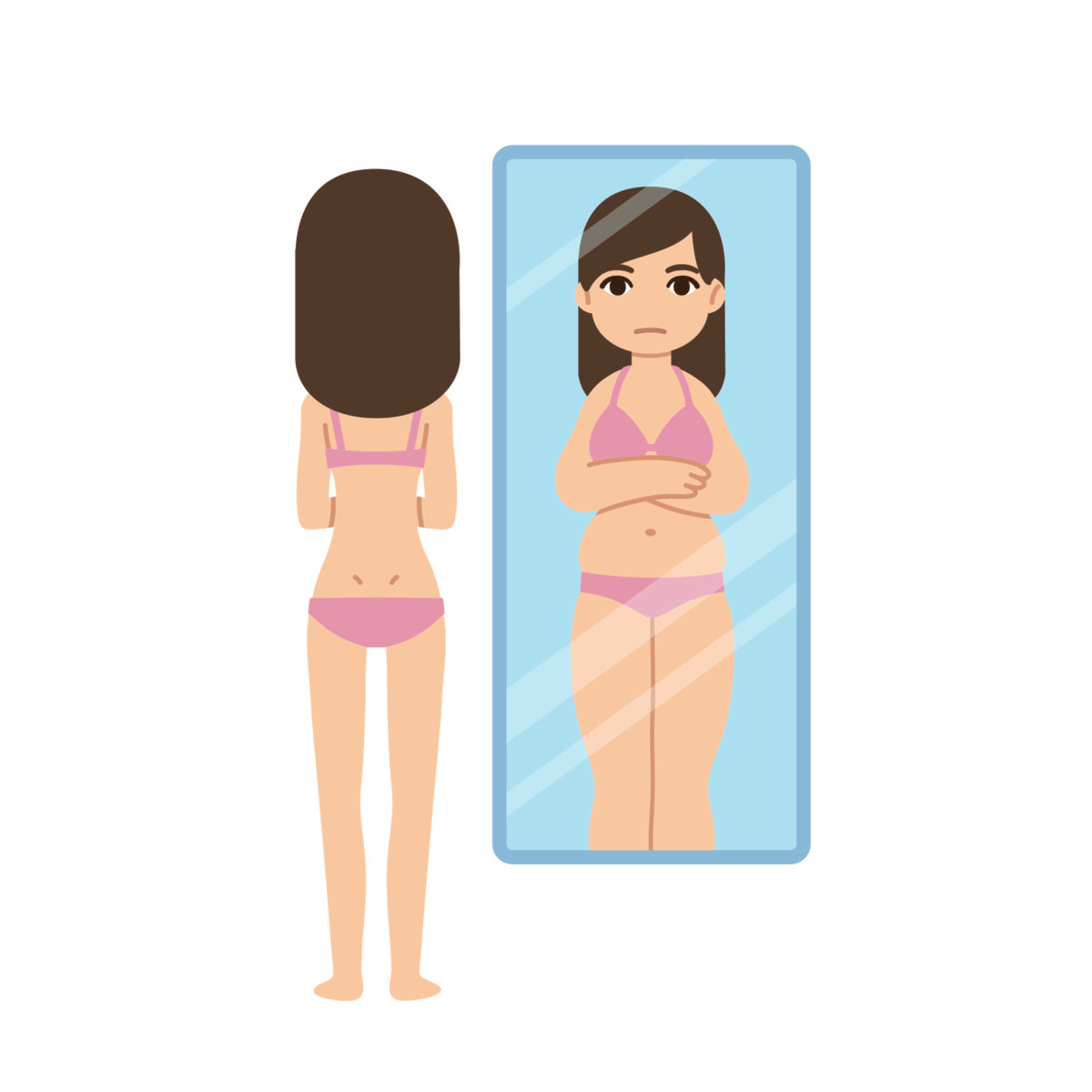 Overweight and slim woman on scales